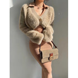 LANFUBEISI Valery Solid Color Fluffy Faux Fur Button Up Long Sleeve Sweater LANFUBEISI