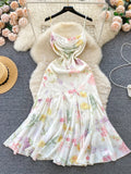 French Elegant Beach Dress 2024 New Women Sexy Floral Printed Slim Mid Length Ruffled Party Dresses Ladies Summer Long Robe LANFUBEISI