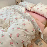 LANFUBEISI Romantic 100%Cotton Twin Bedding Elegant Pink Purple Floral Duvet Cover Set White Lace Ruffle 1.2/1.5/1.8m Bedskirt Pillowcases LANFUBEISI