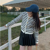 Women O-neck Stripe Knitted Cardigan Fashion Long Sleeve Single Breasted Short Tops 2024 New Spring Autumn Sweaters Cardigans LANFUBEISI