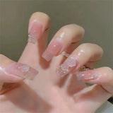 24Ps/Set Medium Long French Fake Nails Bow Japan Nude Pink with Pearls Artificial Acrylic Press on Nails Removable Stick on Nail LANFUBEISI