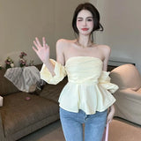 Summe Sexy Women Slash Neck Strapless Blouse Tops Korean Puff Sleeve Slim Short Woman Shirts New Blusas Mujer De Moda 2022 LANFUBEISI