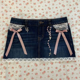 Y2k Denim Skirt Womens Harajuku Gothic Lace Sexy Retro Blue Mini Skirt Pleated A Line Hot Girl High Waist Slim Mini Short Skirt LANFUBEISI