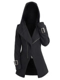 Womens Coats Tops Oblique Zipper Hooded Coat Solid Color Buckle Detail Casual Top Black Coat 2024 New LANFUBEISI