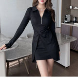 2023 New Spring and Autumn Fashion Simple and Sexy POLO Collar Panel Zipper Design Feel Covering Belly and Hip Wrap Dress LANFUBEISI