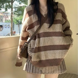 Vintage Brown Striped Sweater Women Harajuku Oversize Pullover Jumper Preppy Jerseys Casual Knitted Tops LANFUBEISI