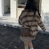 Vintage Brown Striped Sweater Women Harajuku Oversize Pullover Jumper Preppy Jerseys Casual Knitted Tops LANFUBEISI