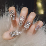 24Pcs Pink Glossy Medium Almond Fake Nails Press on Glitter Shining Heart with Rhinestone Pearl Deisgn False Nails Tips Stick LANFUBEISI