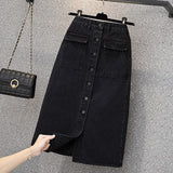 Oversized Women Black Denim Skirts Autumn New High Waist Single Breasted  A-line Ladies Skirts Elegant Slit Midi Jean Skirts LANFUBEISI