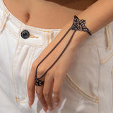 LANFUBEISI Punk Geometric Cutout Pattern Black Chain Wrist Bracelet Ring For Women Gothic Dark Halloween Bracelet Festive Jewelry
