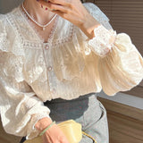 LANFUBEISI Vintage French Women Shirts Lace Lolita Elegant Long Sleeve Flounce Blouse High Quality Office Lady New Fashion Chic Female Tops