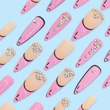 24pcs Pink French Fake Nail with Rhinestone Design False Nails Long Almond Press on Nail Tips Wearable Detachable LANFUBEISI