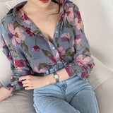 Women's Chiffon Shirt Floral Print V-Neck Long Sleeve Fashion Cozy Loose Blouse LANFUBEISI