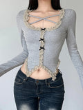 Sweet Elegant Grey T-shirt Women Aesthetic Soft Goth Grunge Lace Patchwork Cross Lace-up Long Sleeve Crop Tee Tops Femme LANFUBEISI