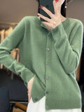 New Fashion Autumn 100% Pure Merino Wool Womens O-neck Cardigan Cashmere Sweater 2023 Female Clothing Grace Knitwear Korean Tops LANFUBEISI