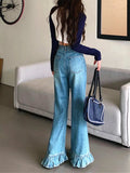 2023 Cyber Y2K Fashion Washed Blue Flounce Baggy Flare Jeans Pants For Women Korean Casual Dress Lady Trousers Roupas Feminina LANFUBEISI