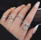 4Pcs/set Vintage Punk Hollow Heart Rings Set Korean Fashion Zircon Silver Color Geometric Opening Knuckle Ring For Women Jewelry LANFUBEISI
