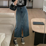 Women's Denim Wrap Skirts Retro High Waisted Split A-line Denim Skirt Autumn Fashion Straight Skirt Female LANFUBEISI