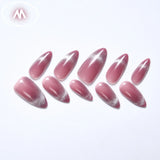 10Pcs Handmade Nail Set French Cat Eyes Red Nails Long Press on Nails Almond Reusable Acrylic Fake Nails with Glue Stick-on LANFUBEISI