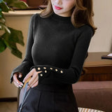 Women Slim Basic Sweater Autumn Winter Knitted Long Sleeve O Neck Sexy Sweaters Chic Korean Office Lady Button Pullover LANFUBEISI