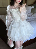 Japanese Sweet Fairy Lolita Dress Women White Mesh Elegant Princess Dress Female Bow Casual Evening Party Dress Summer 2023 Slim LANFUBEISI