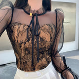 Spring Summer Chic Mesh Patchwork Blouse For Women Streetwear Long Sleeve O Neck Lace Crop Shirt Top Lady Slim Blouse LANFUBEISI