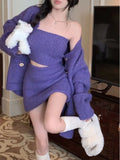 2023 Autumn Purple Knitted Sweater Suit Woman Sexy Corset + Loose Casual Cardigan + Slim Y2k Mini Skirt Party Korea 3 Piece Set LANFUBEISI