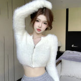 LANFUBEISI Coat Women's Sweater Top Knitted Cardigan Plush Off Shoulder Short Style Gentleness Mink Solid Color Zipper Design