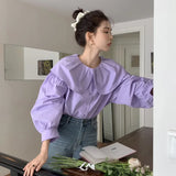 Peter Pan Collar Shirts Women Elegant Preppy Korean Fashion Clothes Ruffled Collar All-match Lanterns Sleeve Blouse LANFUBEISI