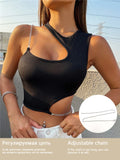 High Street Grunge Chain Cut Out Crop Top Women Summer Y2K Clothes Solid Black Asymmetrical Neck Sleeveless Tank Top Streetwear LANFUBEISI