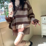 LANFUBEISI Vintage Brown Striped Sweater Women Harajuku Oversize Pullover Jumper Preppy Jerseys Casual Knitted Tops