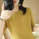 2023 Spring Summer Womens Sweater Short Sleeve O-neck Slim Fit Knitted Pullovers Bottoming Casual Knitwear Camel Pink Clothes LANFUBEISI