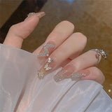 24Ps/Set Medium Long French Fake Nails Bow Japan Nude Pink with Pearls Artificial Acrylic Press on Nails Removable Stick on Nail LANFUBEISI