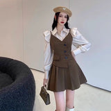 Women's Preppy Style Blouse Overall Mini Dresses Suits 2024 Spring Autumn New Fashion Shirt Tops Slim Strap Dress Two Piece Sets LANFUBEISI