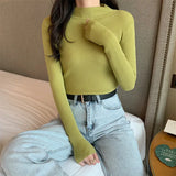 Jocoo Jolee 2023 Autumn Basic Bottoming Sweater Top Women Ribbed Soft Mock Neck Elastic Pullover Warm Solid Color Slim Jumper LANFUBEISI