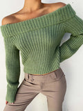 Women Green Y2K Sweater Vintage 90s Egirl Long Sleeve Slash Neck Off Shoulder Knitted Pullover Top Casual Fall Outfits LANFUBEISI