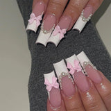 24Pcs Long Ballet False Nails with Bow Designs Pink Coffin Press on Nails Wearable French Fake Nail Full Cover Manicure Tips LANFUBEISI