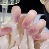 24Ps/Set Medium Long French Fake Nails Bow Japan Nude Pink with Pearls Artificial Acrylic Press on Nails Removable Stick on Nail LANFUBEISI