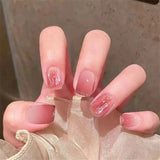 24Ps/Set Medium Long French Fake Nails Bow Japan Nude Pink with Pearls Artificial Acrylic Press on Nails Removable Stick on Nail LANFUBEISI