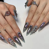 Wearable Silver Stripes Y2k False Nails Long Almond Round Fashion Nail Tips Press On With Silver Beads Designs Fake Nails Art LANFUBEISI