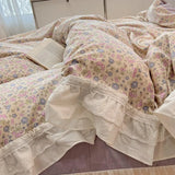 LANFUBEISI Romantic 100%Cotton Twin Bedding Elegant Pink Purple Floral Duvet Cover Set White Lace Ruffle 1.2/1.5/1.8m Bedskirt Pillowcases LANFUBEISI