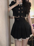 Black Gothic 2 Piece Dress Set Women Lace Elegant Crop Tops + Mini Skrits Summer Y2k Mini Dress Korean Fashion Suits Chic LANFUBEISI