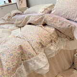 LANFUBEISI Romantic 100%Cotton Twin Bedding Elegant Pink Purple Floral Duvet Cover Set White Lace Ruffle 1.2/1.5/1.8m Bedskirt Pillowcases LANFUBEISI