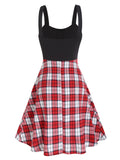 8 Women's Colorblock Dress Plaid Print Panel Lace Up Front Pocket High Waisted A Line Dress Sleeveless Christmas Dresses LANFUBEISI