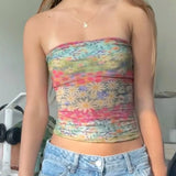 Summer Boho Bandeau Vest Cute Hiking Outfits Preppy Style Fitness Girl Strapless Tube Tops Graphic Print Off Shoulder Crop Tops LANFUBEISI