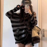 Streetwear Striped Knitted Sweater Women Gothic Harajuku Hollow Out Pullover Korean Hole All Match Loose Fashion Female Tops Ins LANFUBEISI