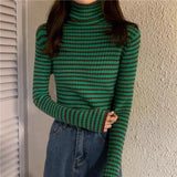 New Black Striped Sweater Women Knitted Pullover Autumn Long Sleeve Turtleneck Knitwear Korean Bottoming Shirt Stretch Jumpers LANFUBEISI