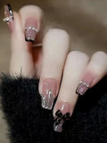 French Black Press on Nails Medium, Butterfly Fake Nails Nude Coffin Acrylic False Nails,Artificial Nails for Women and Girls-2 LANFUBEISI