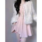 Sweet Lolita Style 2 Piece Dress Set Women White Plush Coat Kawaii Bow Knitted Sweater Skirts Suit Female Korean Fashion Outfits LANFUBEISI