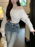 Korean Fashion White Shirts Women Spring Long Sleeve Slash Neck Casual Blouses Elegant Off Shoulder Ruffles Ladies Tops Blusas LANFUBEISI